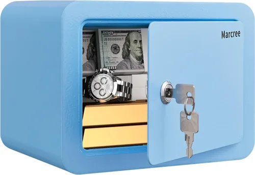 Vista 8 de Marcree Caja fuerte de 0.23 cachorros, pequeña caja fuerte con llave, mini caja fuerte para el hogar para dinero, monedas y efectivo, cajas fuertes