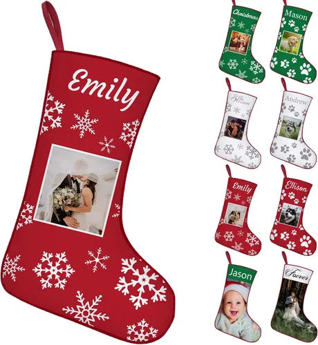 Vista 13 de Calcetines de Navidad personalizados con foto de nombre, imagen de perros y mascotas, patas de perro, calcetines de Navidad, decoración colgante