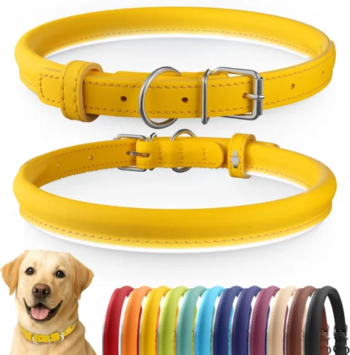 Vista 50 de CollarDirect Collar de perro de cuero enrollado, collar redondo acolchado suave para cachorros, collar de cuero genuino hecho a mano para perros