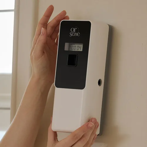 Vista 5 de Dispensador automático de fragancias LCD, montaje en pared/ABS de pie, dispensador de ambientador automático programable en aerosol para baño, Negro