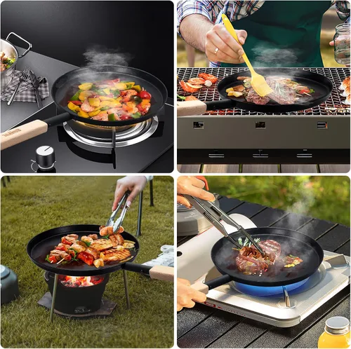 Vista 5 de bodkar Sartén de 8 pulgadas para freír y saltear, sartén plana para crepas, parrilla ligera con mango de madera para cocinar al aire libre y en Negro