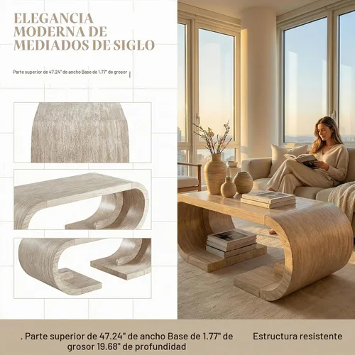 Vista 4 de SSLine Mid-Century - Mesa de centro curvada de 47.24 pulgadas con base de pedestal, mesa central de madera en forma de C para sala de estar