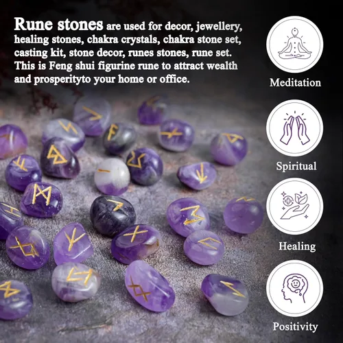 Vista 2 de Crocon Juego de 25 piedras preciosas de amatista con alfabeto de Futhark de saúco, símbolo grabado, juego de 25 piezas para Feng Shui, equilibrio