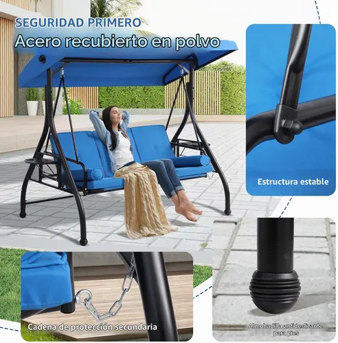 Vista 6 de Columpios de porche con toldo ajustable, cama de columpio para exteriores de 3 asientos, color azul