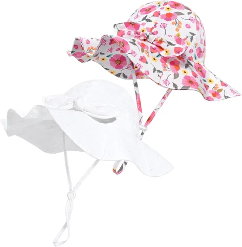 Vista 11 de Sombrero de sol para bebé niña con UPF 50+ sombrero de playa ajustable para exteriores con ala ancha Beige