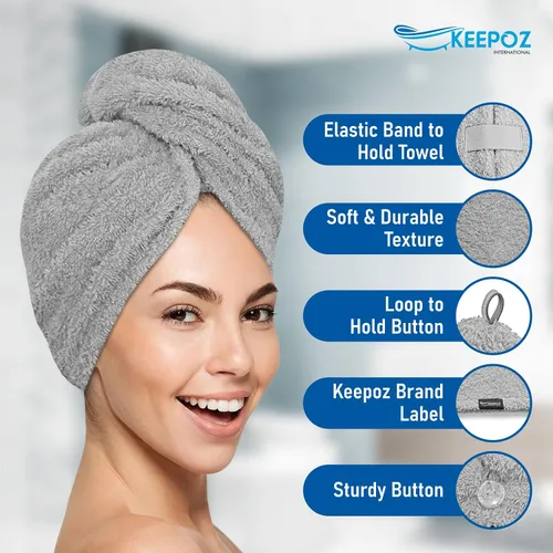 Vista 7 de KEEPOZ Toalla para el cabello de secado rápido, 100% algodón, súper absorbente, turbante para la cabeza para mujeres con botón, productos