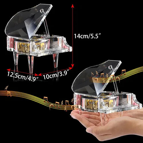 Vista 2 de Caja musical de cristal ELLDOO, caja musical decorativa de relojería con forma de piano, adorno de piano transparente, regalo romántico para niñas