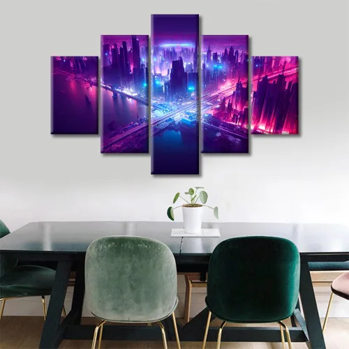 Vista 114 de Cuadros de 5 paneles de Cyberpunk City, arte de pared, representación de vallas publicitarias, edificios modernos en la capital con obras de arte