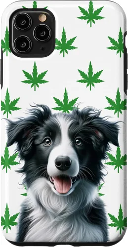 Vista 11 de iPhone 15 Black Border Collie Hemp Leaf Green & White Pattern Case
