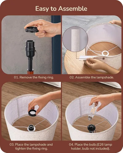 Vista 5 de EDISHINE Lámpara de mesa de mediados de siglo, lámpara de noche con interruptor de cadena con pantalla de lino, poste de madera maciza y base