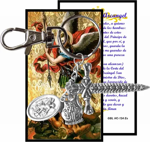Vista 3 de Archangel Michael Sword and Shield San Miguel Arcangel Llavero con tarjeta de oración