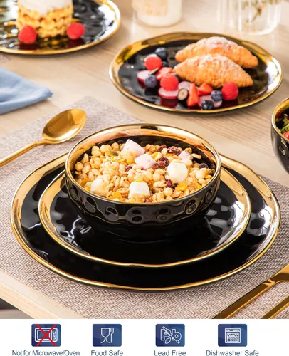Vista 5 de LOVECASA Juego de 12 piezas de platos y cuencos, vajilla de porcelana negra y dorada, platos de cena redondos, juego de vajilla para 4 personas
