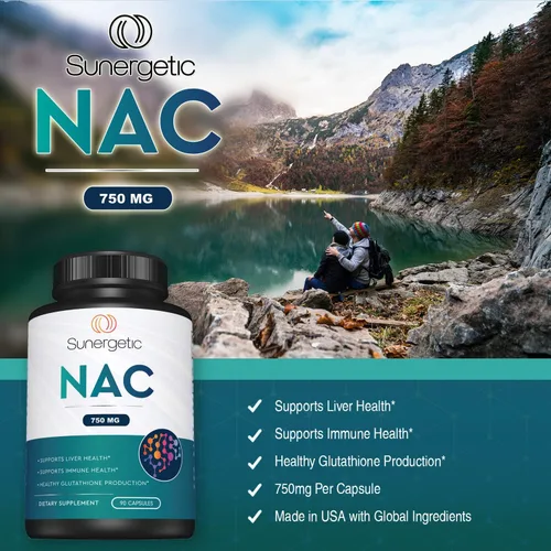 Vista 4 de Sunergetic Suplemento NAC premium N-acetil cisteína – 750 mg por cápsula – Apoya el hígado, la desintoxicación inmune, celular y respiratoria – 90 N