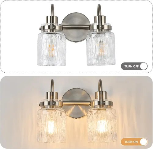 Vista 3 de 2 luces de tocador de baño, lámparas de baño de níquel cepillado con pantalla de vidrio martillado para tocador, sobre espejo, pasillo