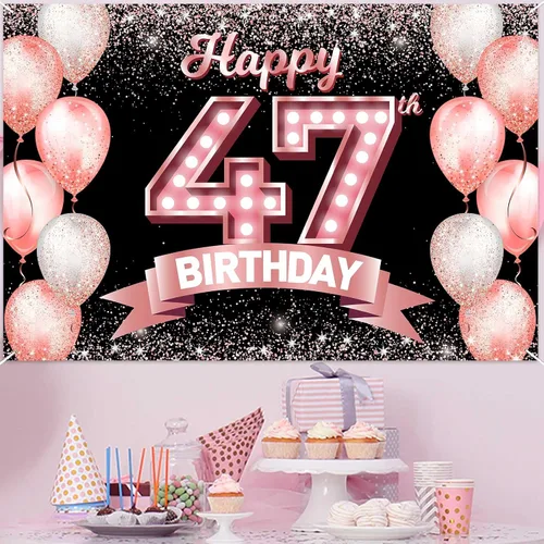 Vista 37 de Cartel de feliz cumpleaños décimo oro rosa, telón de fondo, saludos a 10 años, globos de confeti, decoración temática para niñas de 10 años
