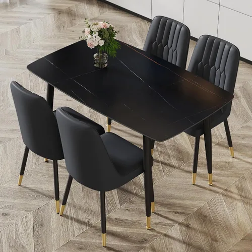 Vista 13 de Juego de 5 mesas de comedor modernas de piedra sinterizada de 50 pulgadas, mesa de cocina rectangular de mármol sintético con 4 sillas de piel