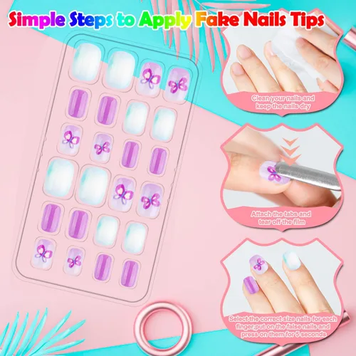 Vista 6 de 240 piezas de uñas postizas para niñas, uñas artificiales para niñas, uñas postizas de presión para niñas, uñas de acrílico de cubierta completa
