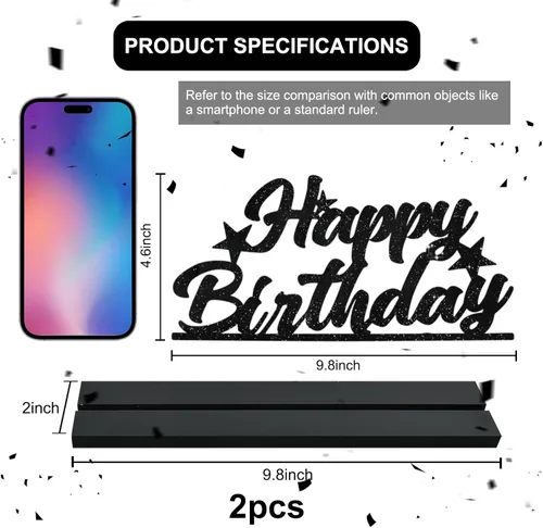 Vista 2 de Letrero de Feliz Cumpleaños con Letras Negras con Purpurina Centros de Mesa para Mesa Suministros de Fiesta de Cumpleaños Decoración de Favor