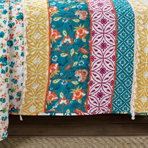 Vista 3 de Lush Decor Emily Boho Stripe - Juego de edredón reversible de 3 piezas, tamaño King, color turquesa