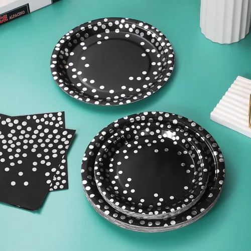 Vista 3 de 150 platos negros y servilletas suministros para fiesta, platos de papel negro Severs 50, decoraciones de fiesta plateadas para graduación