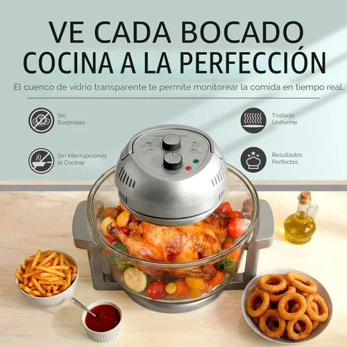 Vista 3 de Big Boss Freidora de Aire de Vidrio Grande de 16 Cuartos No Tóxica – Horno Halógeno Grande de Tamaño Familiar con 3 Secciones de Cocción, Rejillas