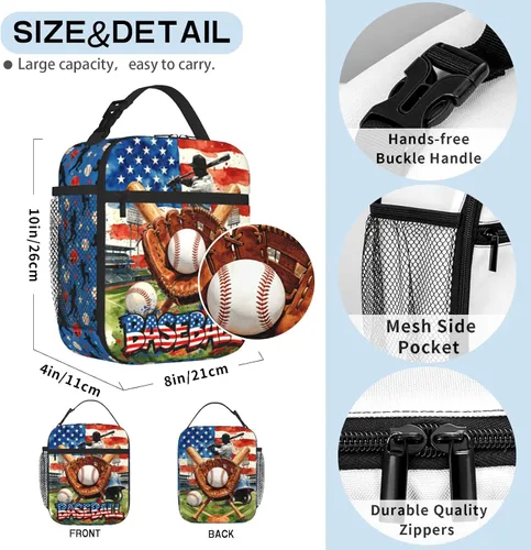 Vista 2 de Lonchera de béisbol con temática deportiva para niños, niñas, adolescentes, bolsa de almuerzo de béisbol aislada para niños, bolsa de almuerzo
