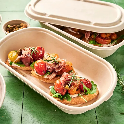 Vista 2 de Recipientes desechables ovalados de 28 onzas con tapas, bambú biodegradable ecológico y caña de azúcar, resistentes y resistentes a fugas, aptos