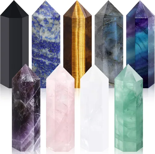 Vista 7 de Junkin 9 juegos de varita de cristal curativo, amatista cuarzo rosa, cuarzo transparente, ojo de tigre, obsidiana, fluorita, labradorita