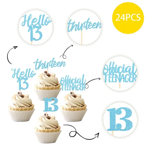 Vista 3 de 24 piezas de decoraciones oficiales para cupcakes de cumpleaños número 13 Hello 13 Thirteen Cupcake Picks 13th Birthday Cake Decor Supplies azul