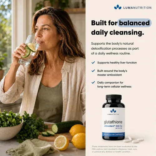 Vista 4 de Luma Nutrition Suplemento premium de glutatión - 500 mg - L-glutatión - Soporte antioxidante - Reducido - Soporte hepático - 60 cápsulas