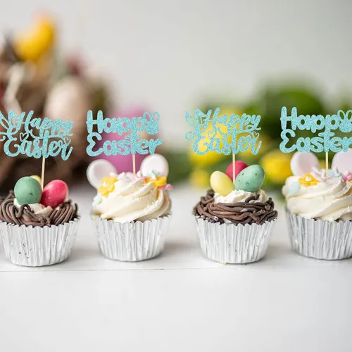 Vista 5 de Gyufise Paquete de 24 adornos azules con purpurina para cupcakes de Pascua con orejas de conejo de Pascua, decoraciones para fiesta de Pascua