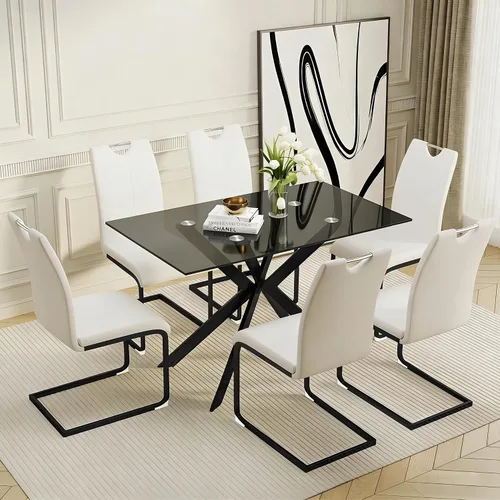 Vista 21 de Juego de mesa de comedor de vidrio de 51 pulgadas para 4 personas con tapa de vidrio templado, color negro Patas de metal negro, sillas de cuero