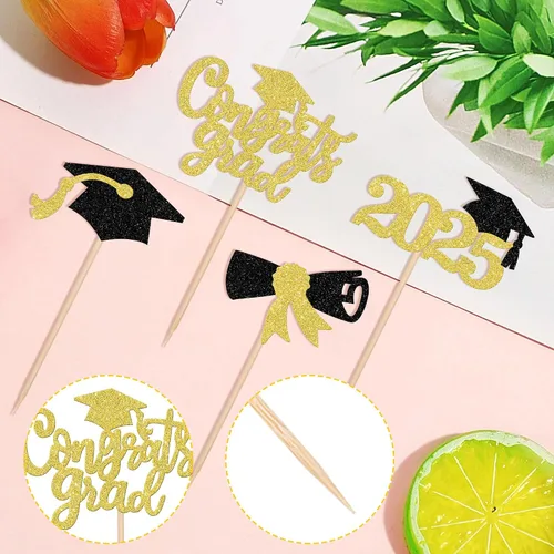 Vista 3 de 24 piezas 2025 decoraciones para cupcakes de graduación 2025 con purpurina contratos graduados diploma de graduación clase de 2025, selecciones