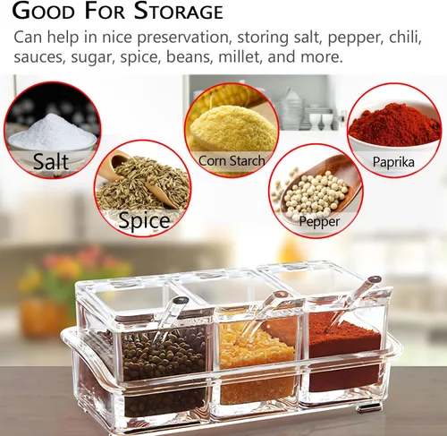 Vista 6 de V·RESOURCING Caja de condimentos transparente, 3 piezas de recipientes de especias con soporte para condimentos, sal y azúcar, con 3 cucharas