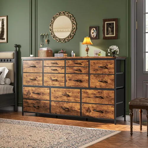 Vista 11 de Romorgniz Cómoda para dormitorio con 16 cajones de tela, cómoda larga con estación de carga, soporte de TV para televisor de 60" cómodas y cajoneras