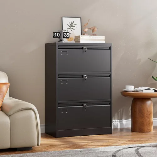 Vista 6 de SUXXAN Archivador de 3 cajones, archivador lateral con 3 cerraduras para oficina en casa, archivadores negros con soporte para tarjetas de visita