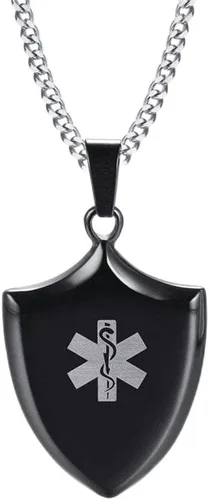 Vista 9 de LiFashion LF - Collar con colgante de acero inoxidable personalizado ICE SOS para hombre, grabado gratuito para hombre, de alerta médica, escudo