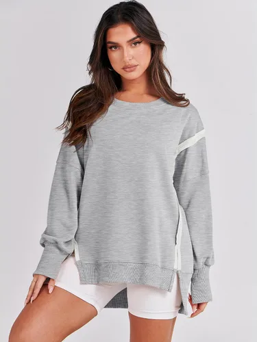Vista 2 de ANRABESS Sudadera de gran tamaño para mujer, cuello redondo, manga larga, casual, con abertura, sin botones, ropa de otoño