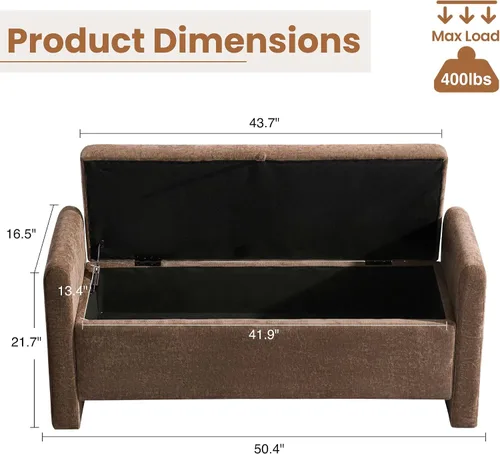 Vista 2 de Banco de almacenamiento de 51 pulgadas para dormitorio, banco tapizado Marrón oscuro