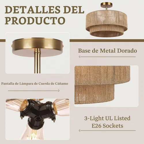 Vista 3 de Lámpara de techo semiempotrada de 16'', accesorios de iluminación bohemios, lámpara de techo empotrada de cuerda de cáñamo costera de 3 luces