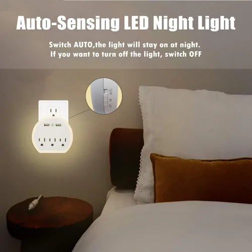 Vista 5 de Paquete de 2 extensores de toma de corriente de pared con sensor automático, luz nocturna LED, 3 tomas de corriente, 2 puertos USB, protector