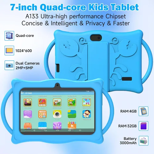 Vista 3 de Tablet Android Kids de 7 pulgadas, Tablets para Niños, 4 GB de RAM 32 GB ROM Quad Core Tablet para niños pequeños con funda a prueba de golpes