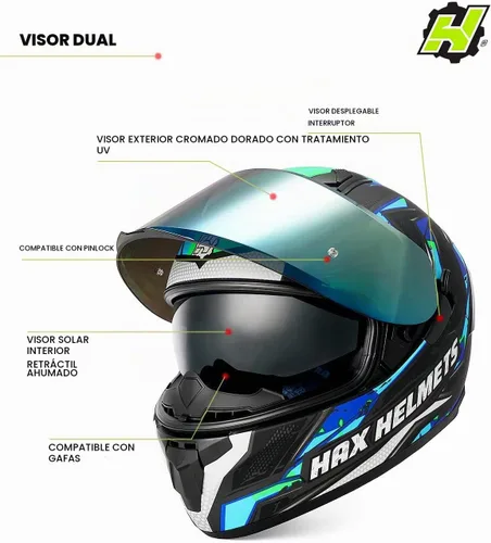 Vista 5 de HAX Obsidian Full Face Dual Visor Adult Motorcycle Helmet for Motorbike Street Bike with Pinlock Ready DOT Approved (Blaze Blue,XXL)