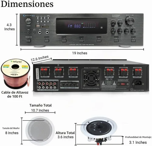 Vista 2 de Kit de sistema estéreo para el hogar, amplificador Bluetooth de 6 canales de 6000 vatios con 6 altavoces de techo enmarcados de 8 pulgadas de 300 W