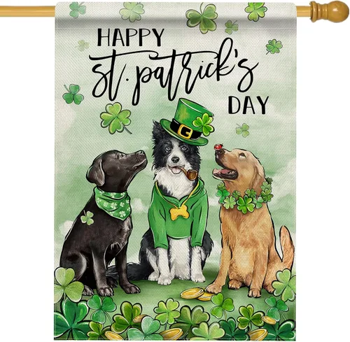 Vista 8 de Hzppyz Bandera de jardín con diseño de perros del Día de San Patricio, de doble cara, trébol de trébol dorado para cachorros, decoración pequeña