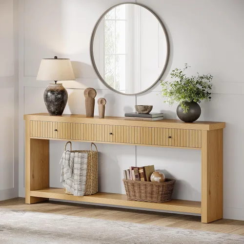 Vista 8 de Tribesigns - Mesa de consola de 70.9 pulgadas con 3 cajones, mesa de entrada extralarga, mesa de sofá de madera con estantes de almacenamiento