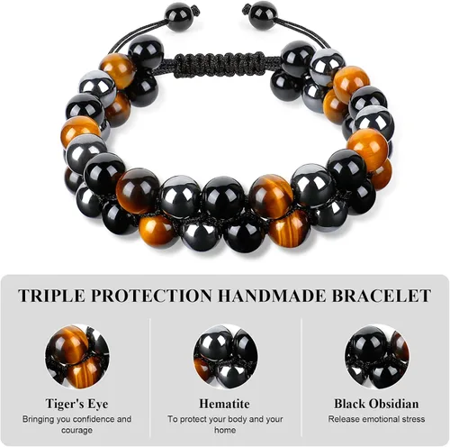 Vista 2 de WEILNELL Pulsera de triple protección, ojo de tigre genuino, obsidiana negra y hematita de 0.315 in, pulsera de cuentas para hombres y mujeres
