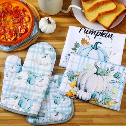 Vista 7 de Bencailor - Juego de 6 manoplas de cocina de otoño para ollas y guantes de horno, guantes de horno de calabaza azul, soportes para ollas de cosecha