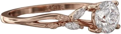 Vista 6 de Ssjewel Nature Inspire - Anillo solitario de hoja de circonita cúbica para mujer, chapado en oro de 14 quilates, plata de ley 925, hecho a mano