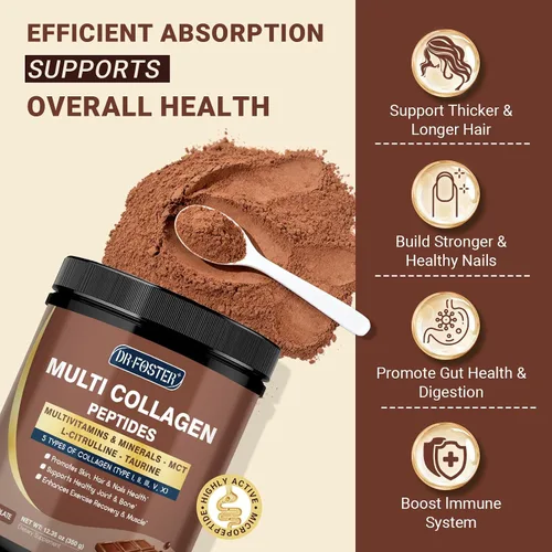 Vista 6 de DRFOSTER - Péptidos de colágeno de chocolate en polvo para mujeres y hombres, colágeno multitipo I II III V X con multivitaminas y minerales